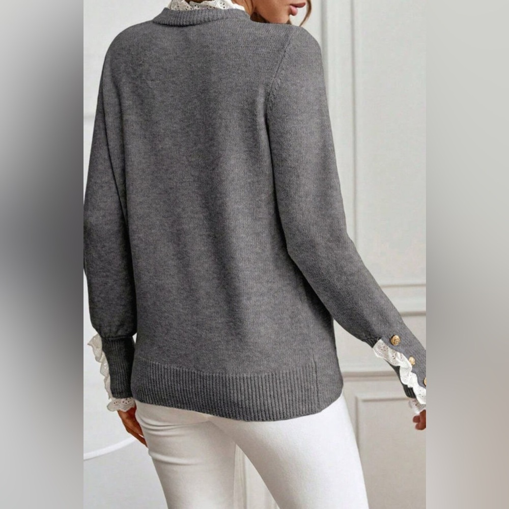 Quincy- Gray Sweater with Lace Cuff Detail - Picture 2 of 4